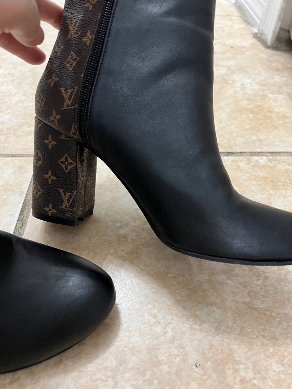 Black and brown monogram Inspired Leather Ankle Boots with Monogram Heel - Picture 3 of 7